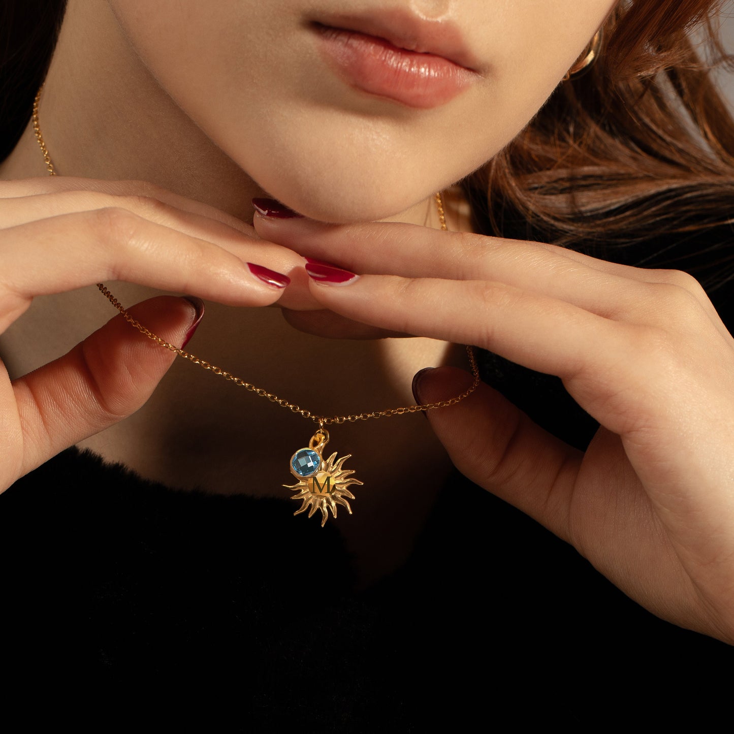 Initial Sun Charm Birthstone Necklace