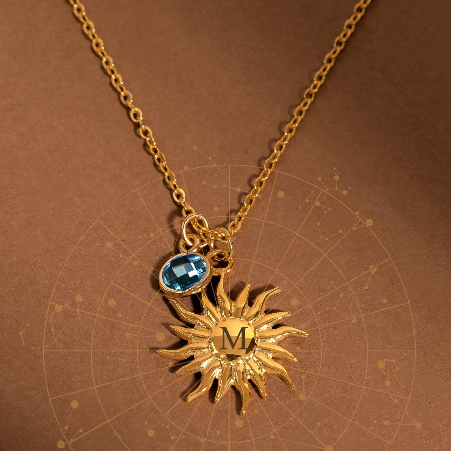 Initial Sun Charm Birthstone Necklace